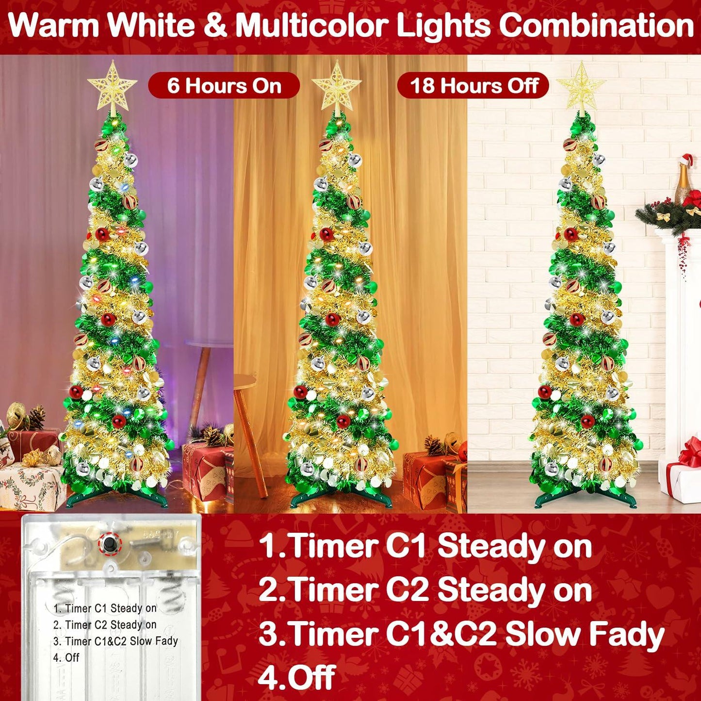 5ft Pop Up Christmas Tinsel Tree w/ Lights Ornaments Collapsible Pencil