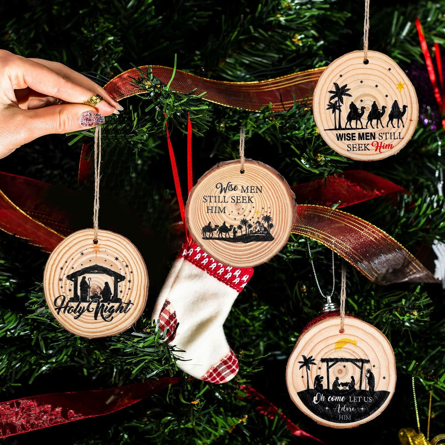Remerry 8 Pieces Wooden Nativity Scene Rustic Christmas Tree Ornaments Decor