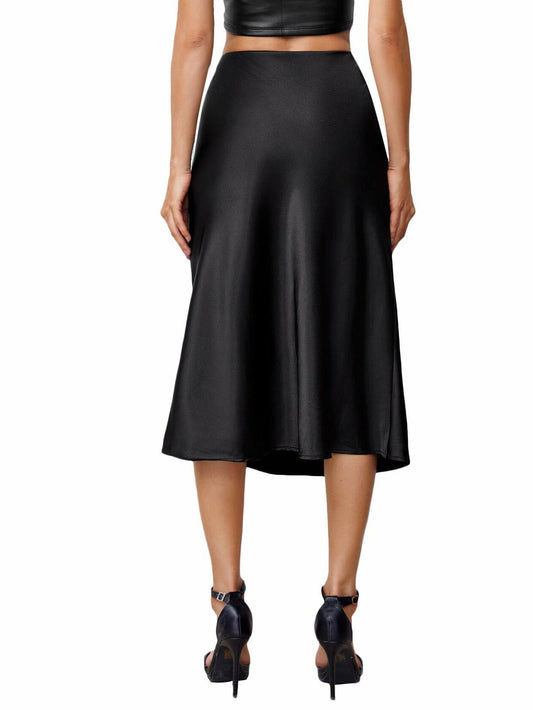 Verdusa Women's Elegant High Waist Satin A Line Flared Midi Skirt Black XL