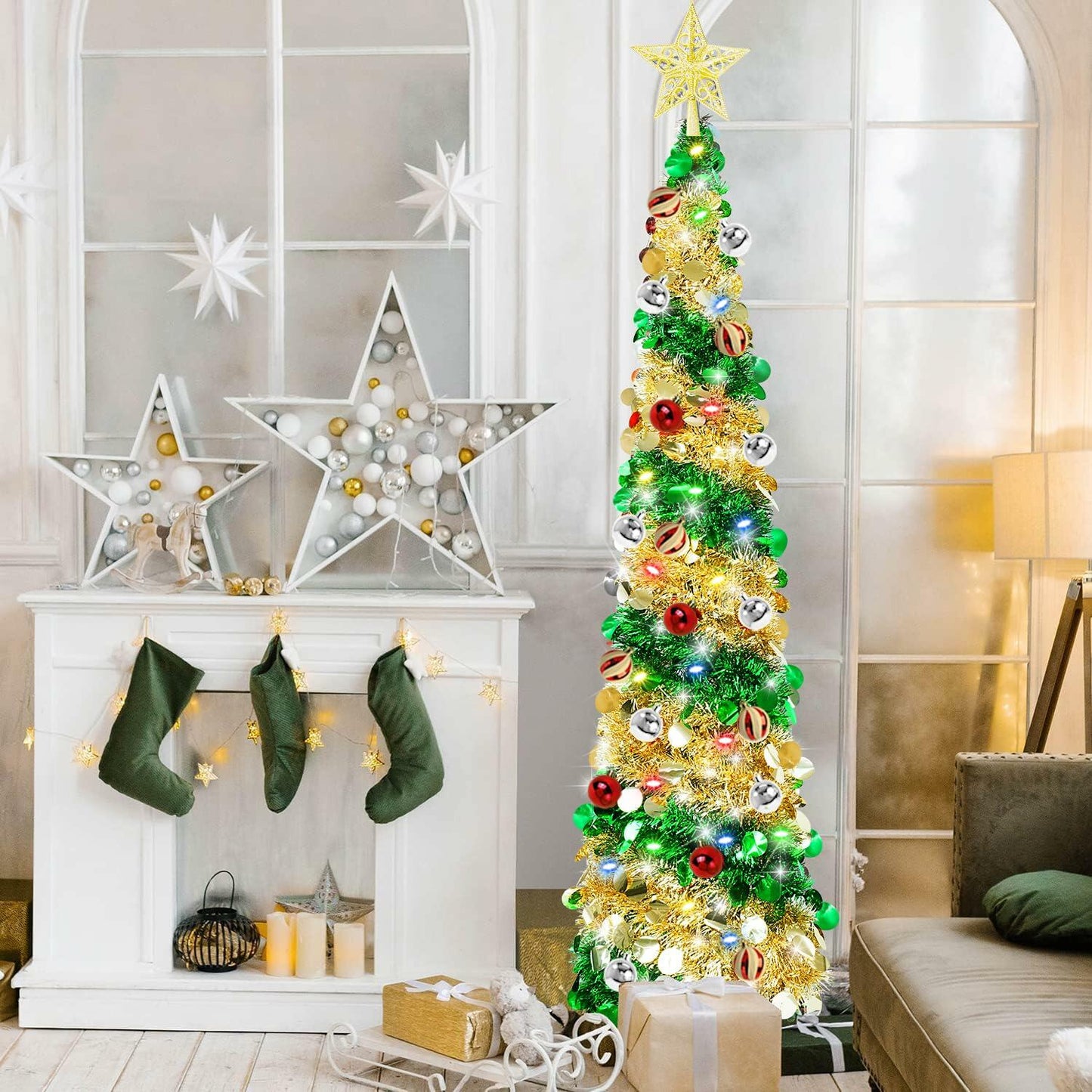 5ft Pop Up Christmas Tinsel Tree w/ Lights Ornaments Collapsible Pencil