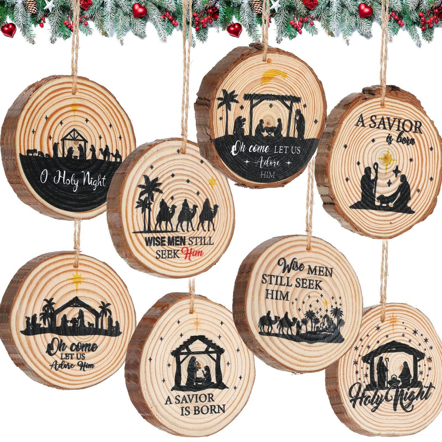 Remerry 8 Pieces Wooden Nativity Scene Rustic Christmas Tree Ornaments Decor