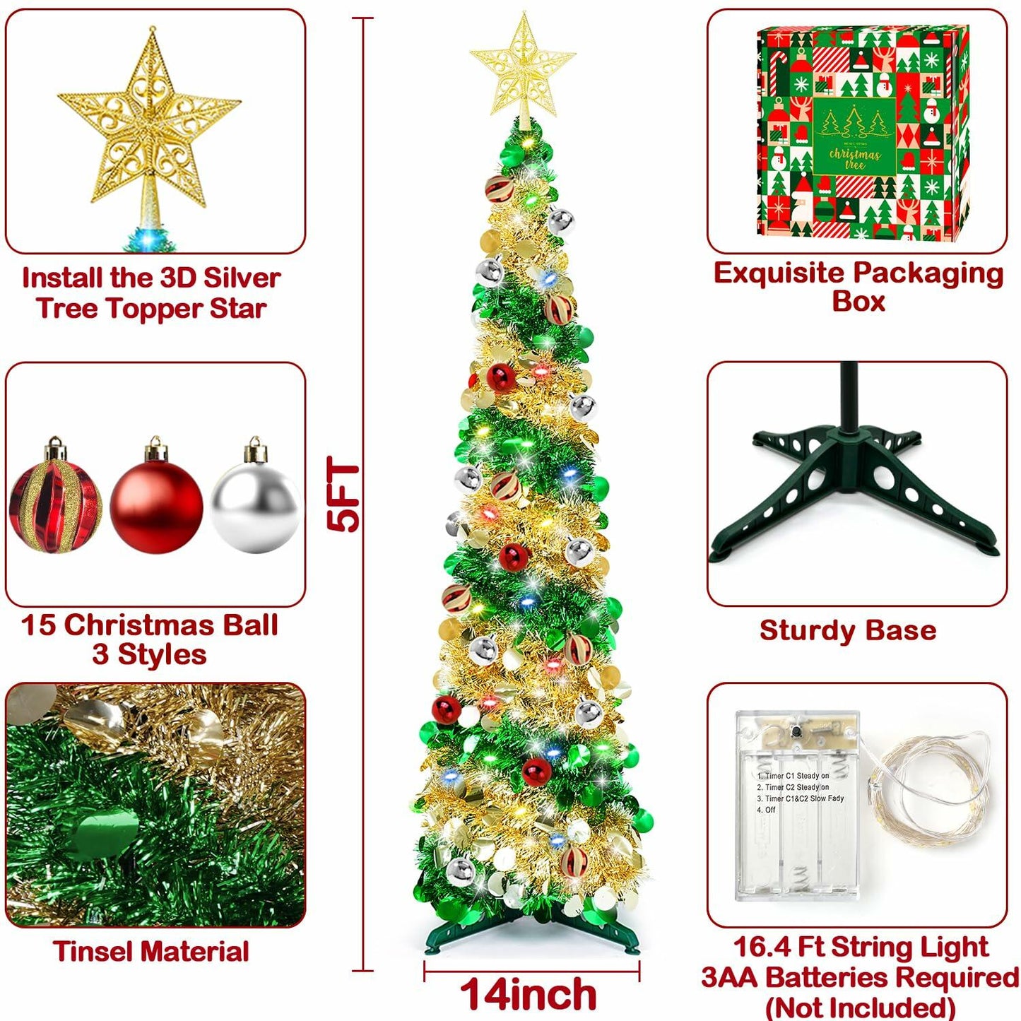 5ft Pop Up Christmas Tinsel Tree w/ Lights Ornaments Collapsible Pencil