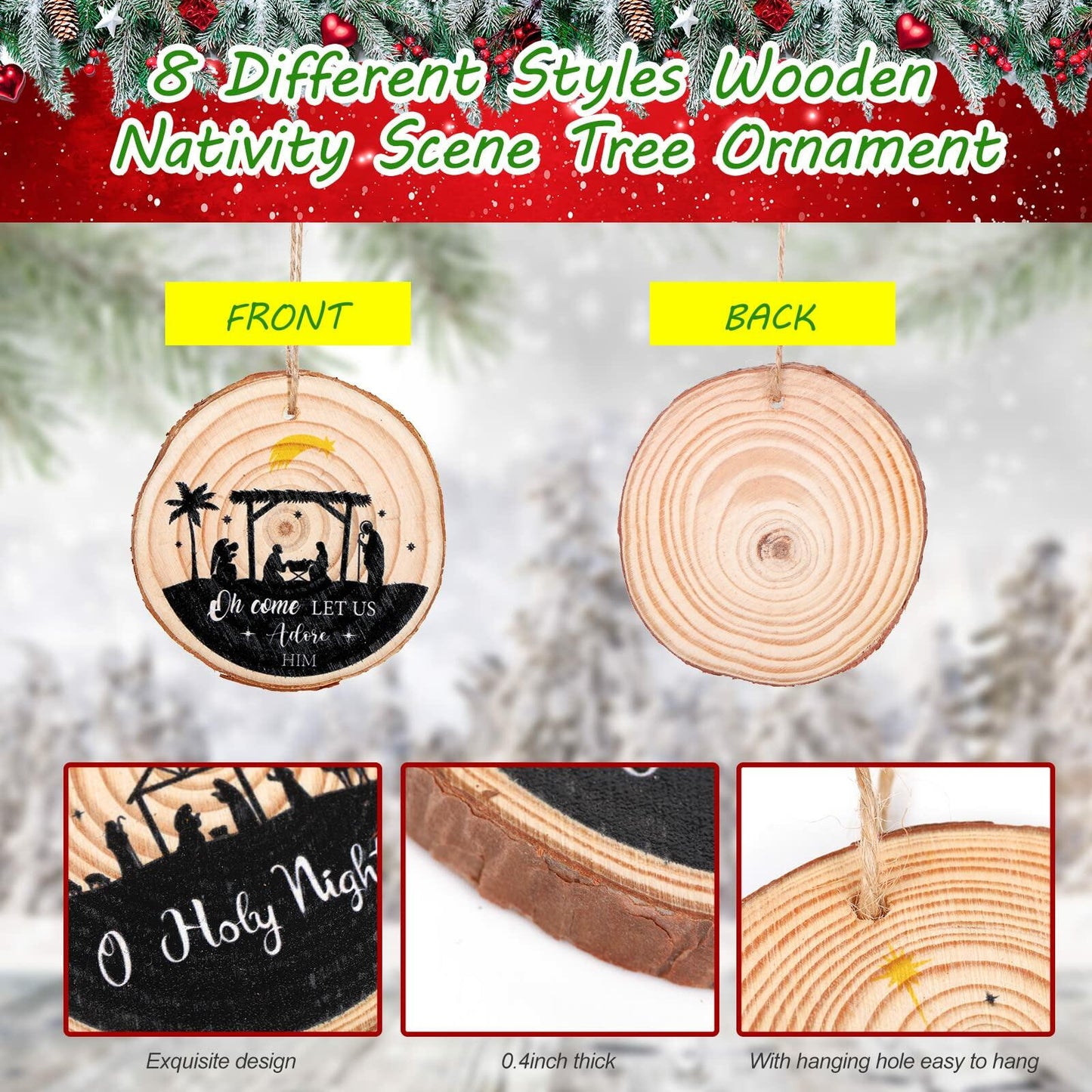 Remerry 8 Pieces Wooden Nativity Scene Rustic Christmas Tree Ornaments Decor