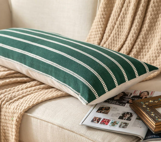 Boho Lumbar Throw Pillow Cover 14x36 Dark Green Striped Pack of 1