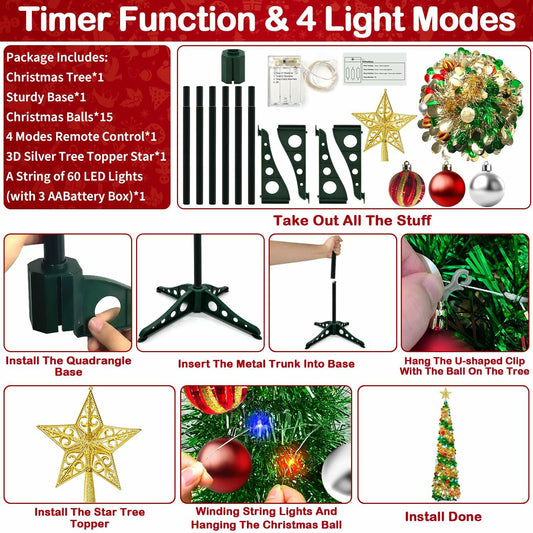 5ft Pop Up Christmas Tinsel Tree w/ Lights Ornaments Collapsible Pencil