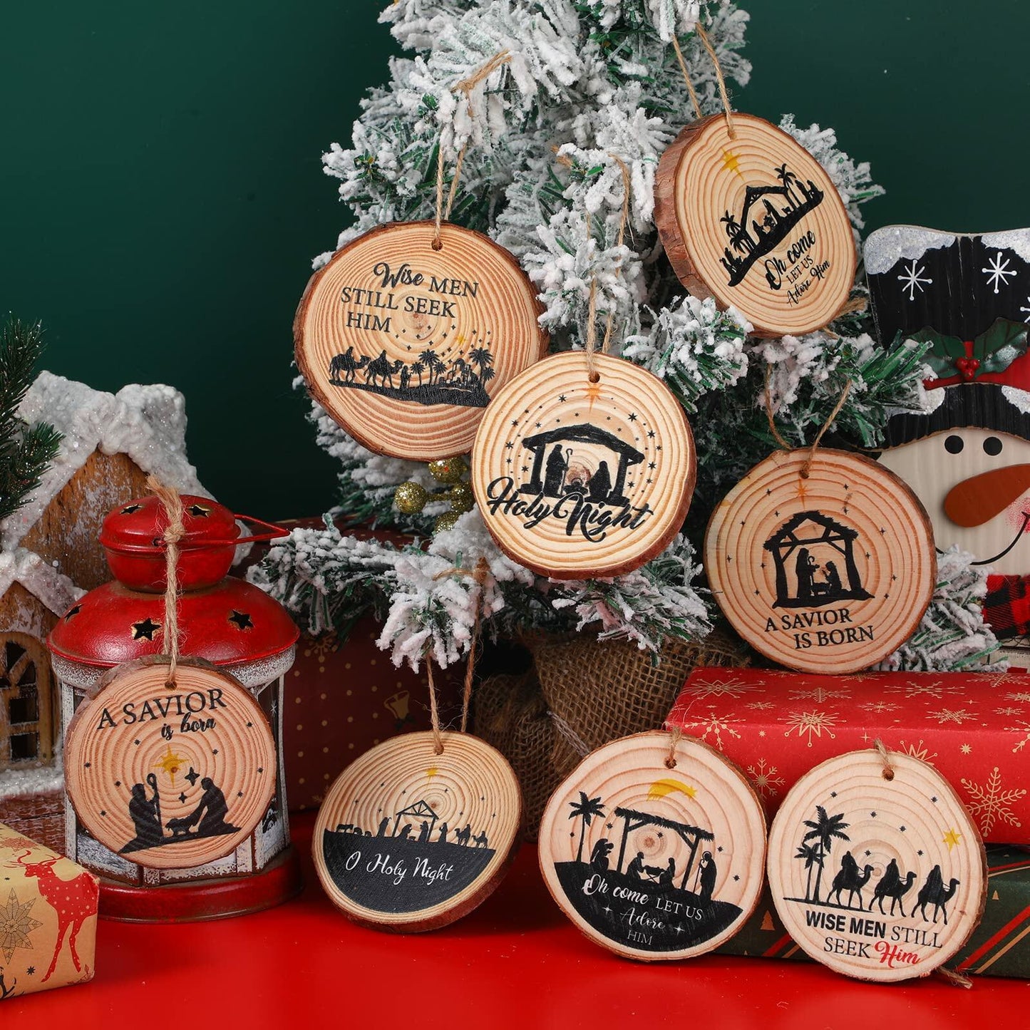 Remerry 8 Pieces Wooden Nativity Scene Rustic Christmas Tree Ornaments Decor