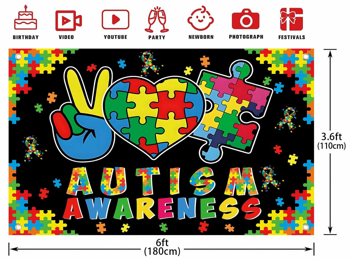LIANNE Autism Awareness Backdrop Puzzle Piece Banner 6x3.6FT