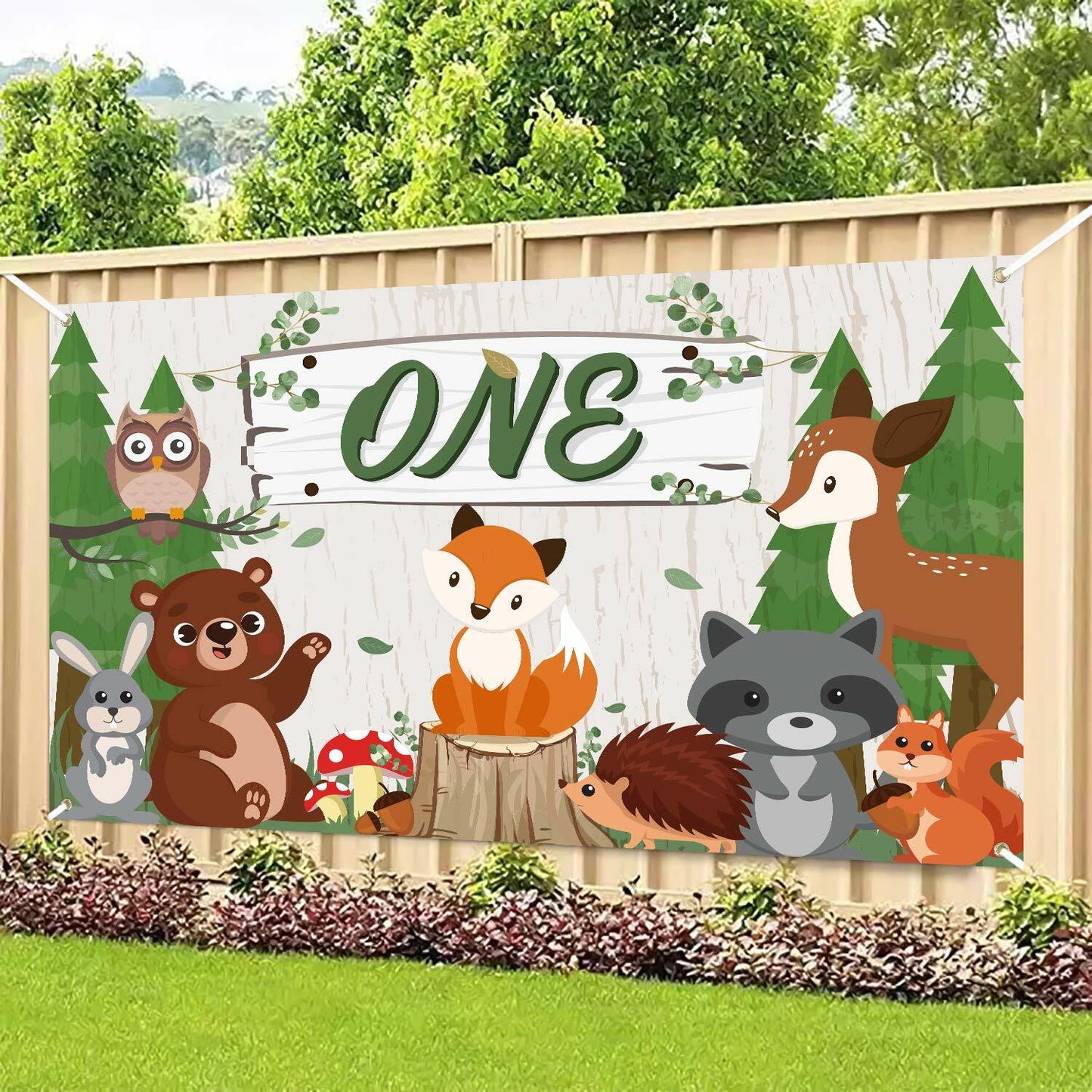 WATINC Woodland Animals Birthday Backdrop Polyester Banner 71x43 Inch