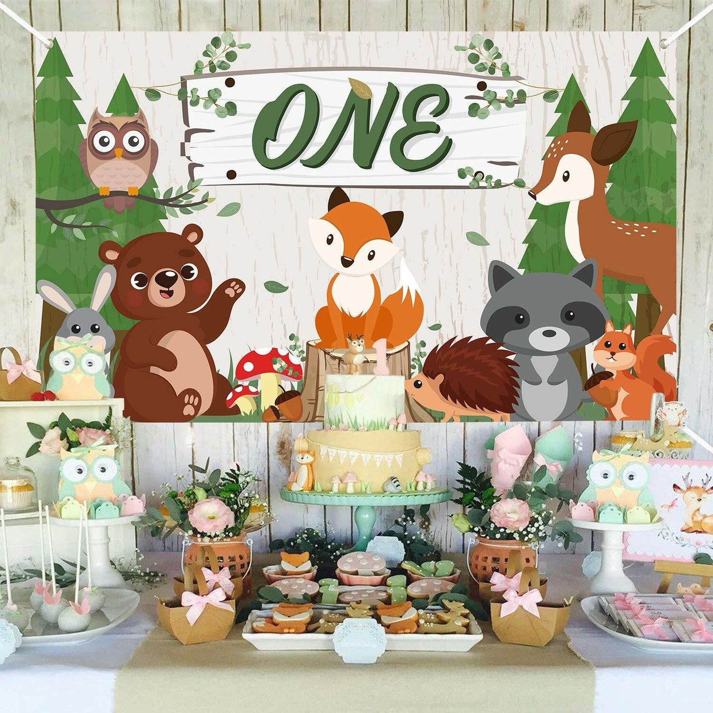 WATINC Woodland Animals Birthday Backdrop Polyester Banner 71x43 Inch