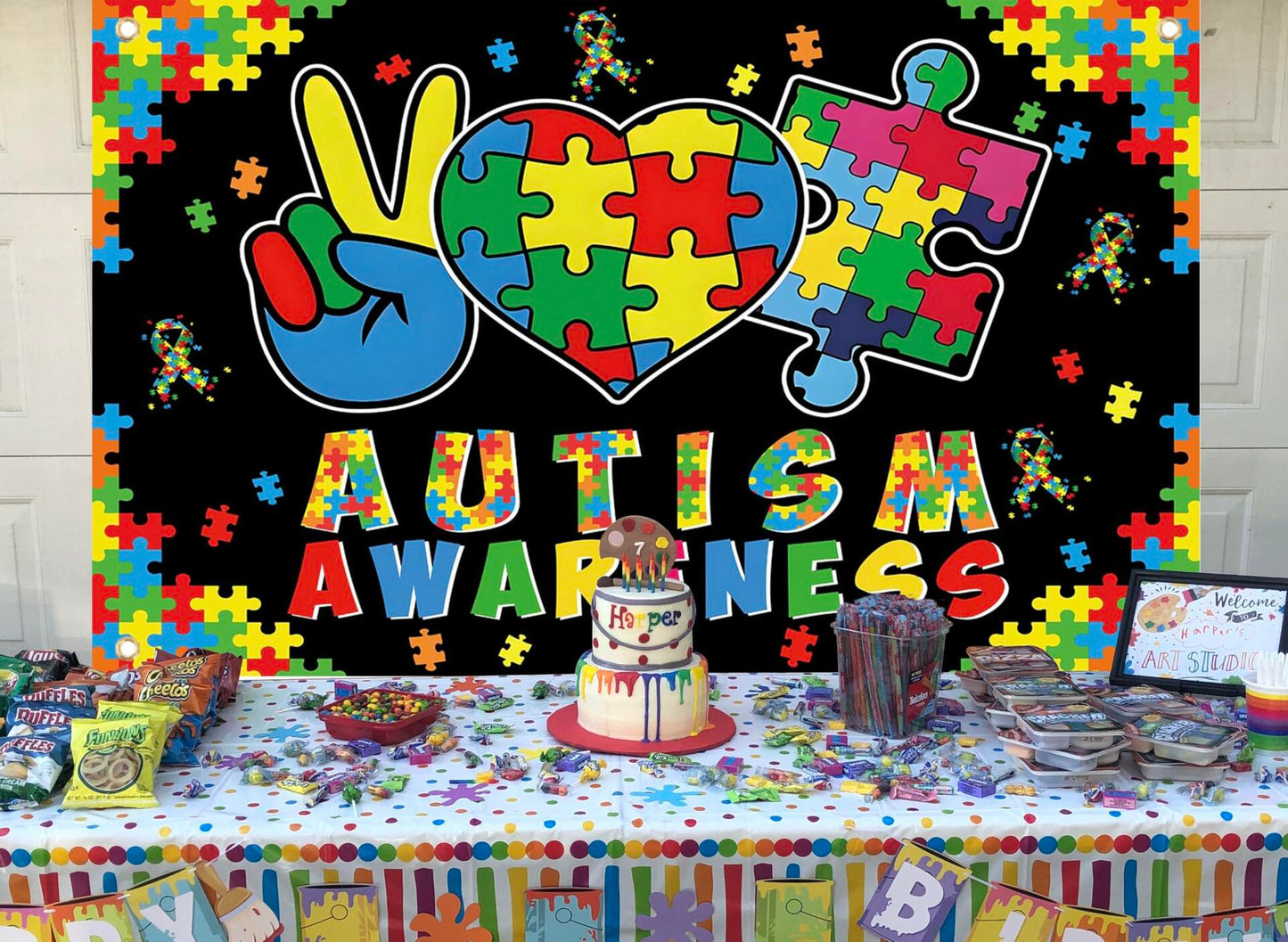 LIANNE Autism Awareness Backdrop Puzzle Piece Banner 6x3.6FT