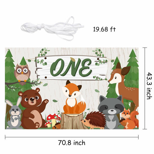 WATINC Woodland Animals Birthday Backdrop Polyester Banner 71x43 Inch