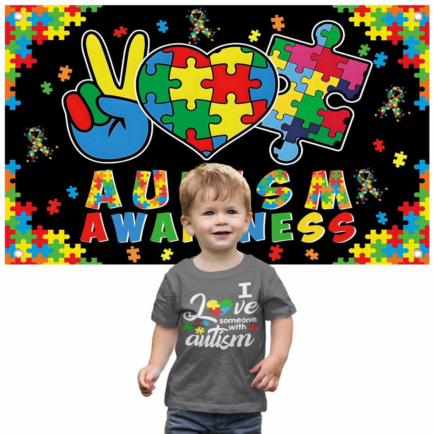 LIANNE Autism Awareness Backdrop Puzzle Piece Banner 6x3.6FT