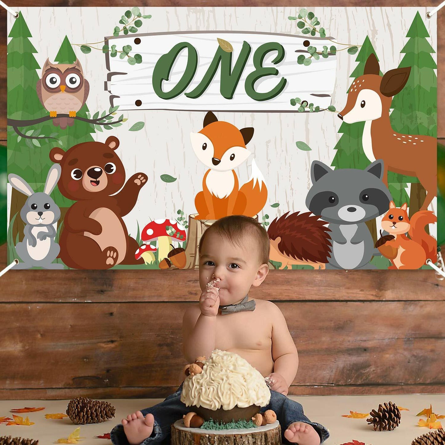 WATINC Woodland Animals Birthday Backdrop Polyester Banner 71x43 Inch