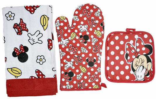 Disney Minnie Mouse Oven Mitt Pot Holder Dish Towel Set Red 3 Pc Kitchen