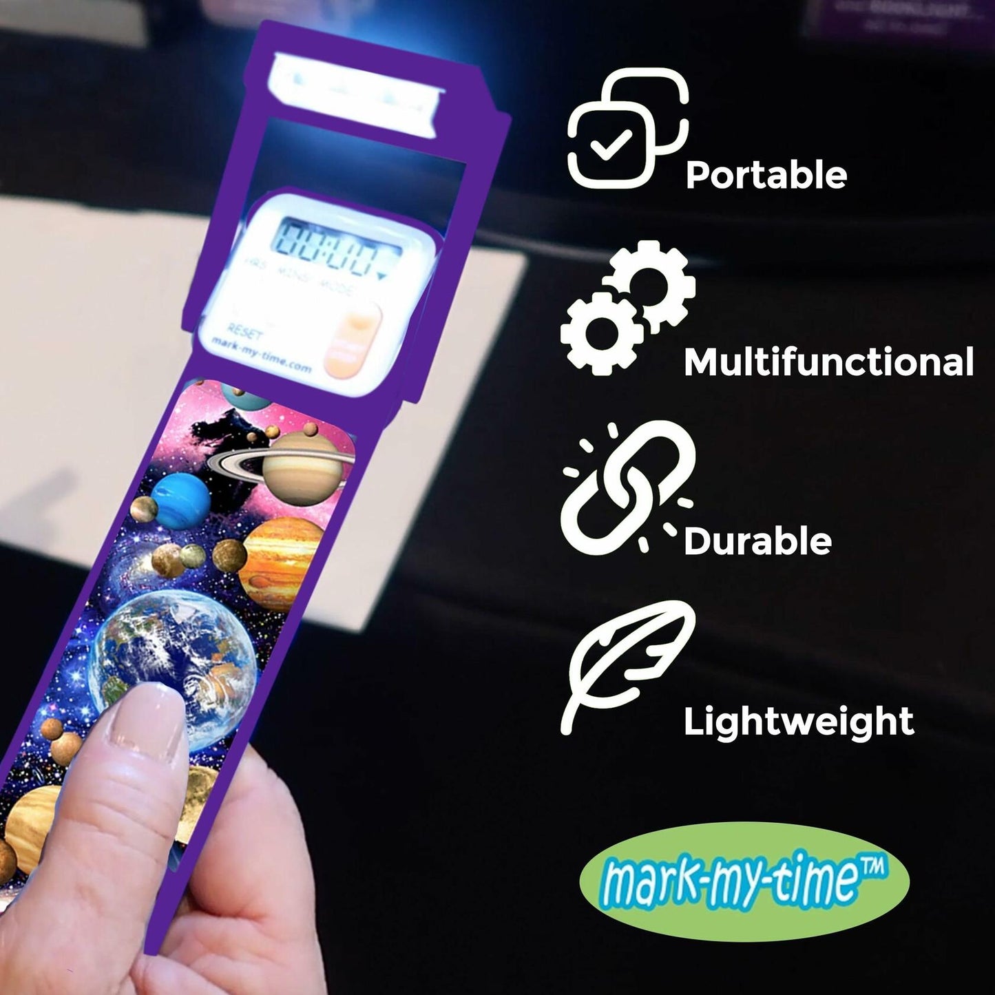 Mark-My-Time Digital Bookmark LED Book Light Timer 3D Planets Plastic