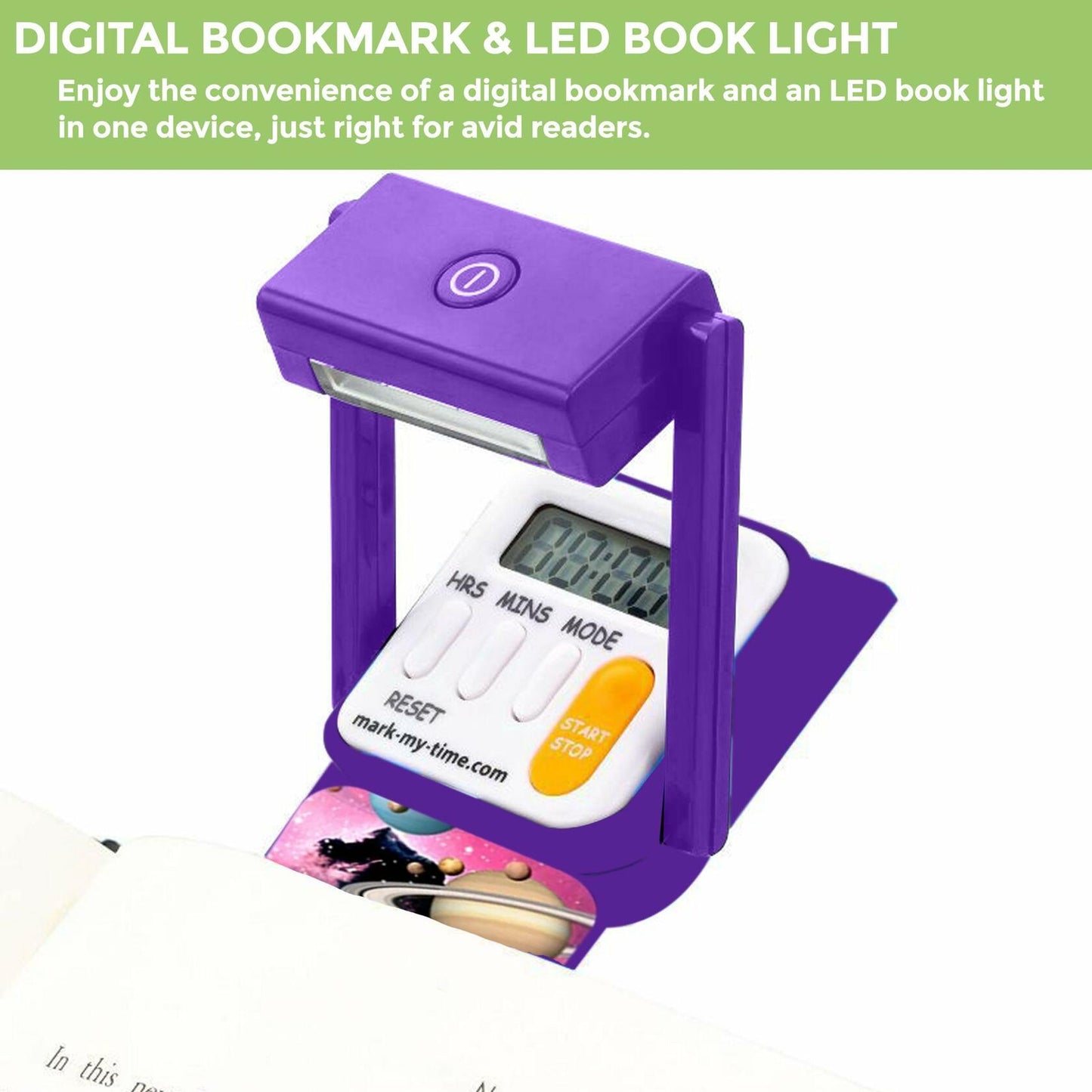Mark-My-Time Digital Bookmark LED Book Light Timer 3D Planets Plastic