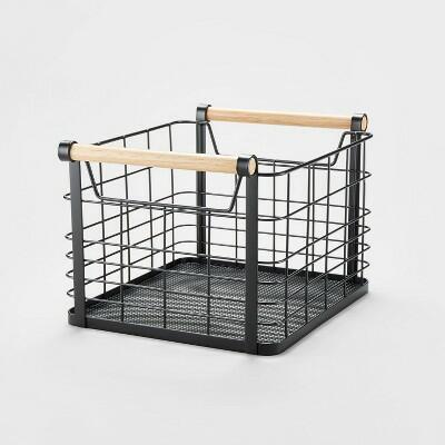 Brightroom Metal Storage Basket Milk Crate Black Small Wire Wood Handles