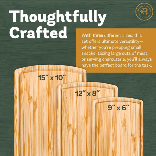 Bambüsi Bamboo Wood Cutting Board Set 3 Pc Natural with Juice Groove Handles