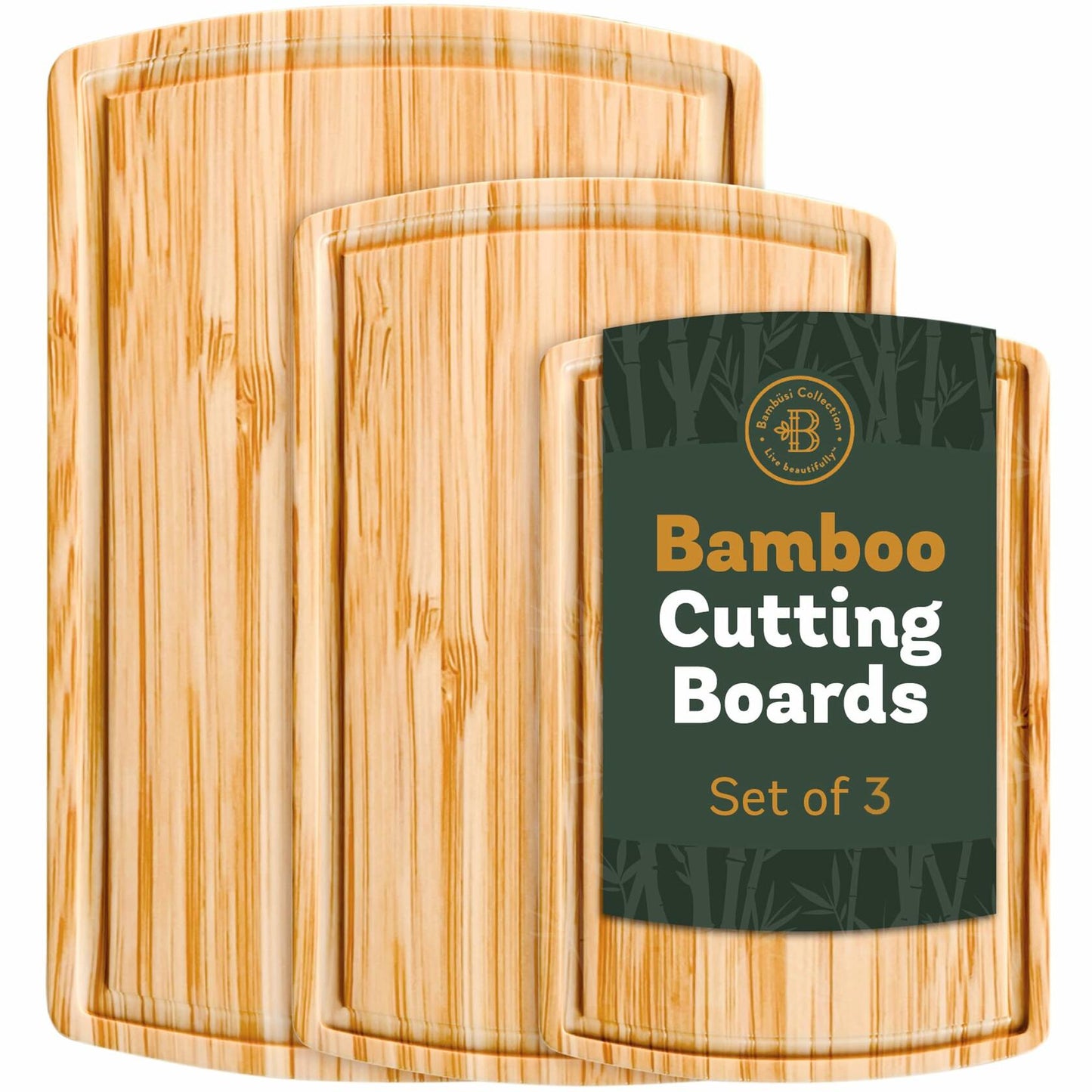 Bambüsi Bamboo Wood Cutting Board Set 3 Pc Natural with Juice Groove Handles