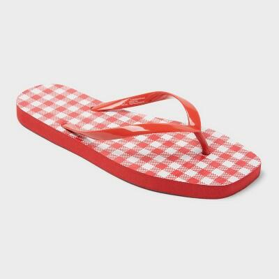 Shade & Shore Women's Palmer Gingham Square Toe Flip Flops Red White Size 10
