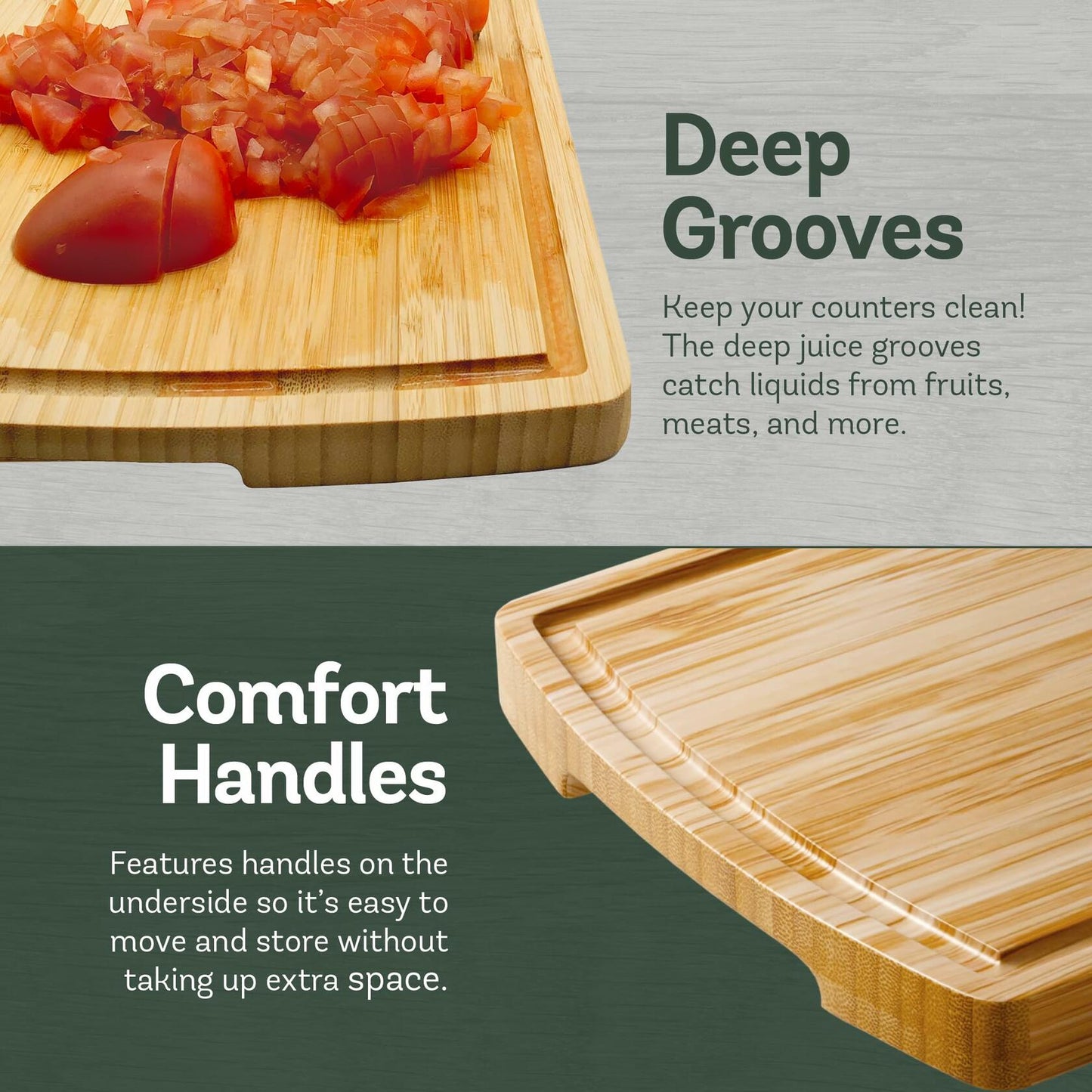 Bambüsi Bamboo Wood Cutting Board Set 3 Pc Natural with Juice Groove Handles