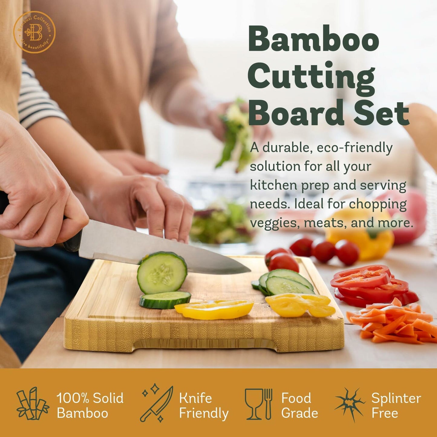 Bambüsi Bamboo Wood Cutting Board Set 3 Pc Natural with Juice Groove Handles