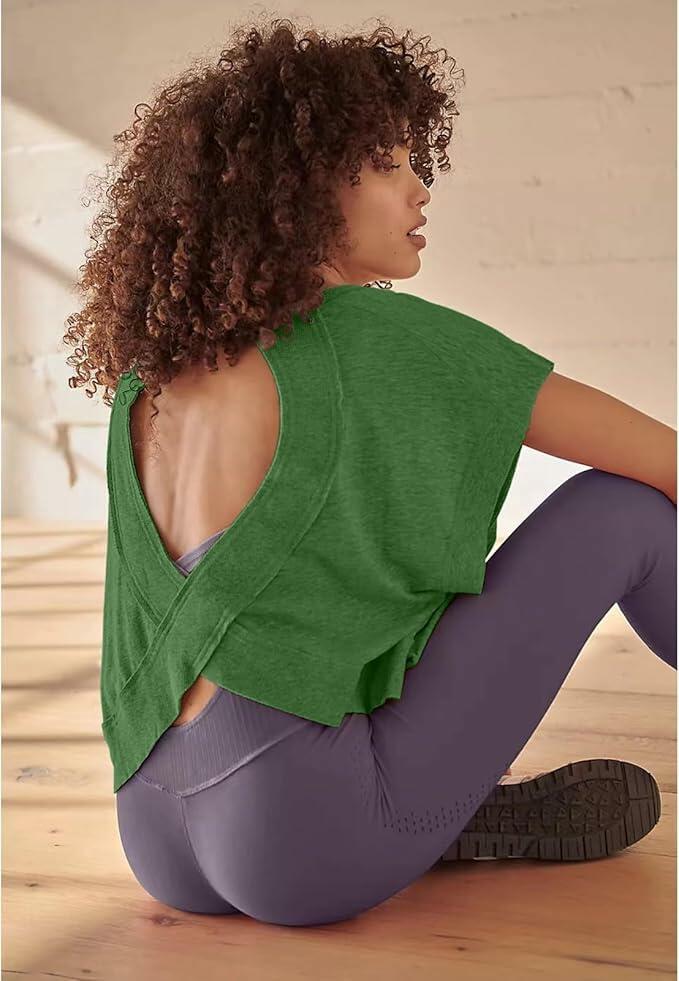 HUEOBIR Women's Backless Loose Workout Yoga T-Shirt Watercress Green Size L