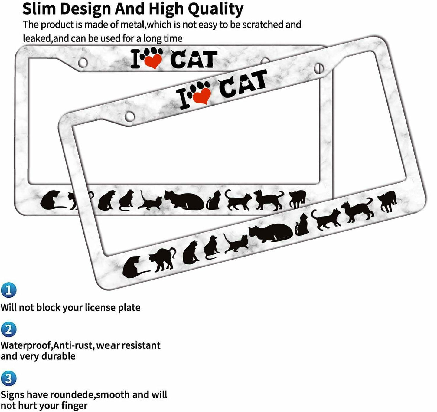 AUCCMORLY Stainless Steel Cat License Plate Frame Car Accessories 2 Pcs Set