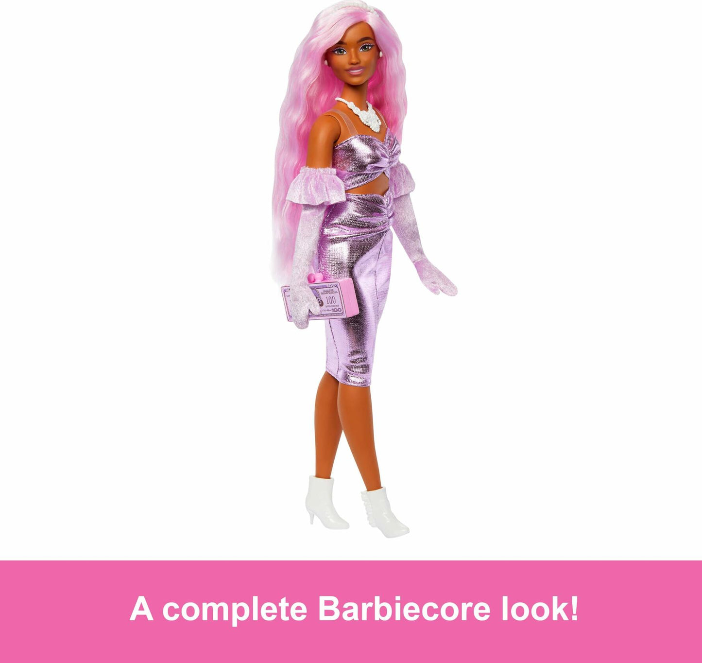 Barbie Deluxe Style Doll #1 Barbiecore Outfit Pink Hair Glossy Pink Dress