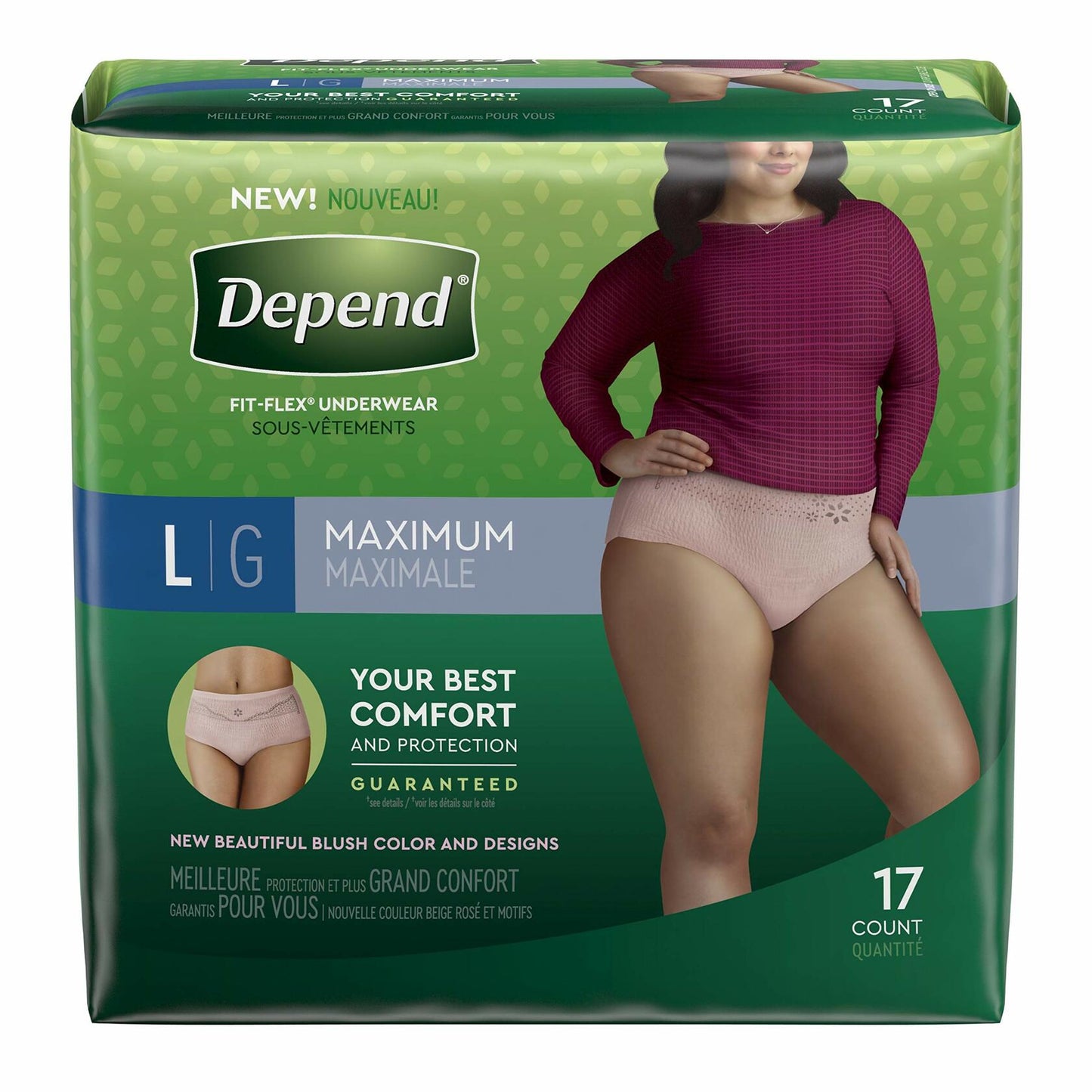 Depend FIT-Flex Incontinence Underwear Women Absorbency Blush 17 Count L
