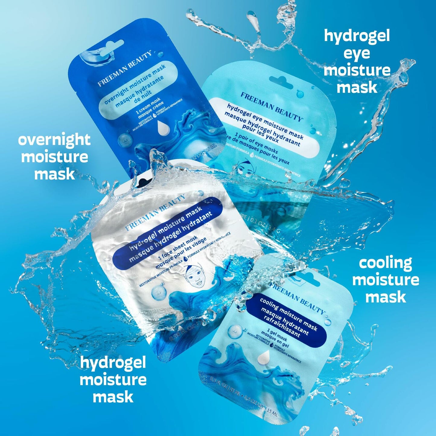 Freeman 4 Piece Moisture Mask Set Hydrating Face & Under Eye Hydrogel Vegan