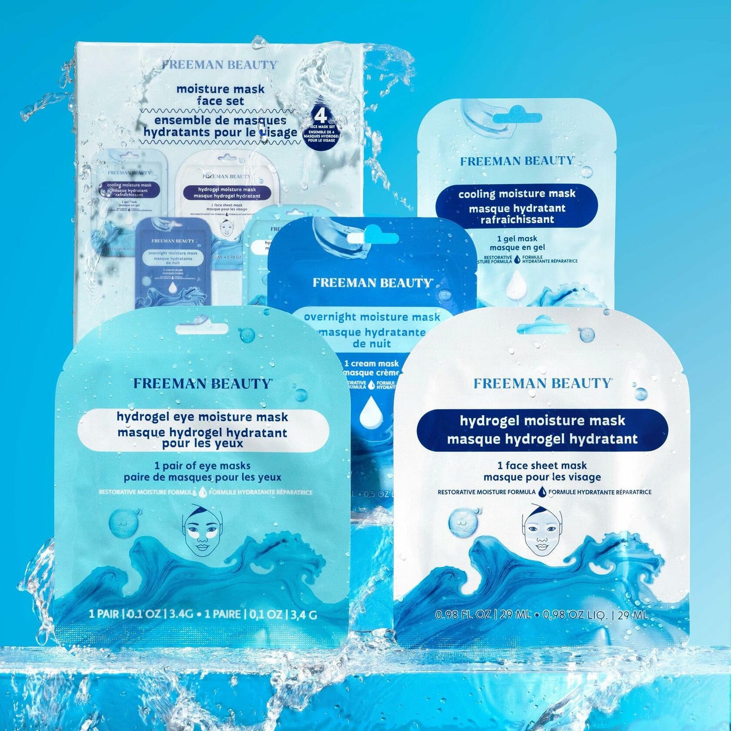 Freeman 4 Piece Moisture Mask Set Hydrating Face & Under Eye Hydrogel Vegan