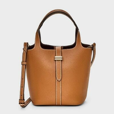 A New Day Mini Tulip Tote Handbag Crossbody Strap Tan Faux Leather