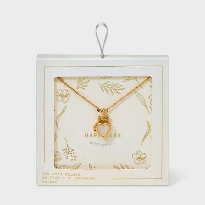 14K Gold Dipped Bow Mother of Pearl Heart Locket Pendant Necklace Gold