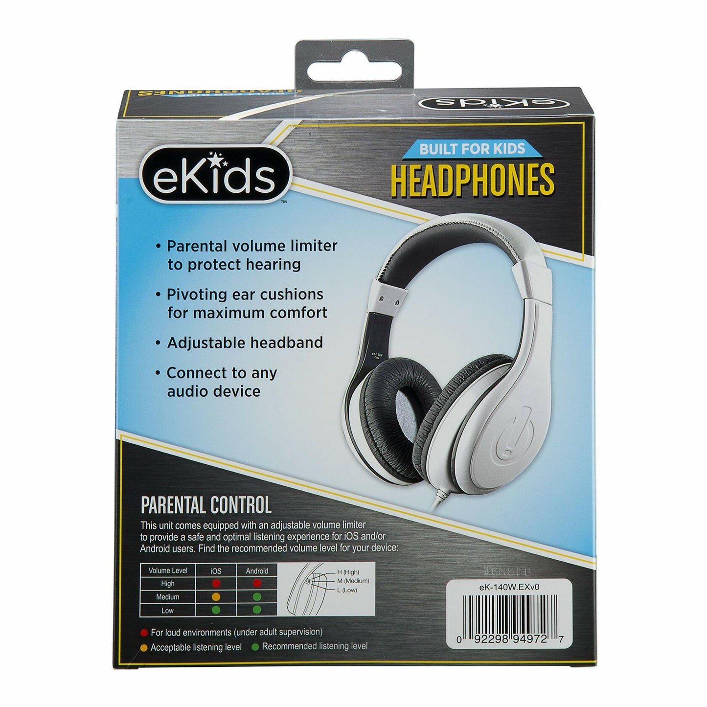 eKids Kids Wired Headphones Stereo Sound Volume Control White Over Ear