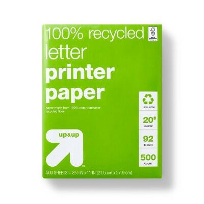Up&up 500ct 100% Recycled Letter Printer Paper 8.5x11 White 20lb 92 Brightness