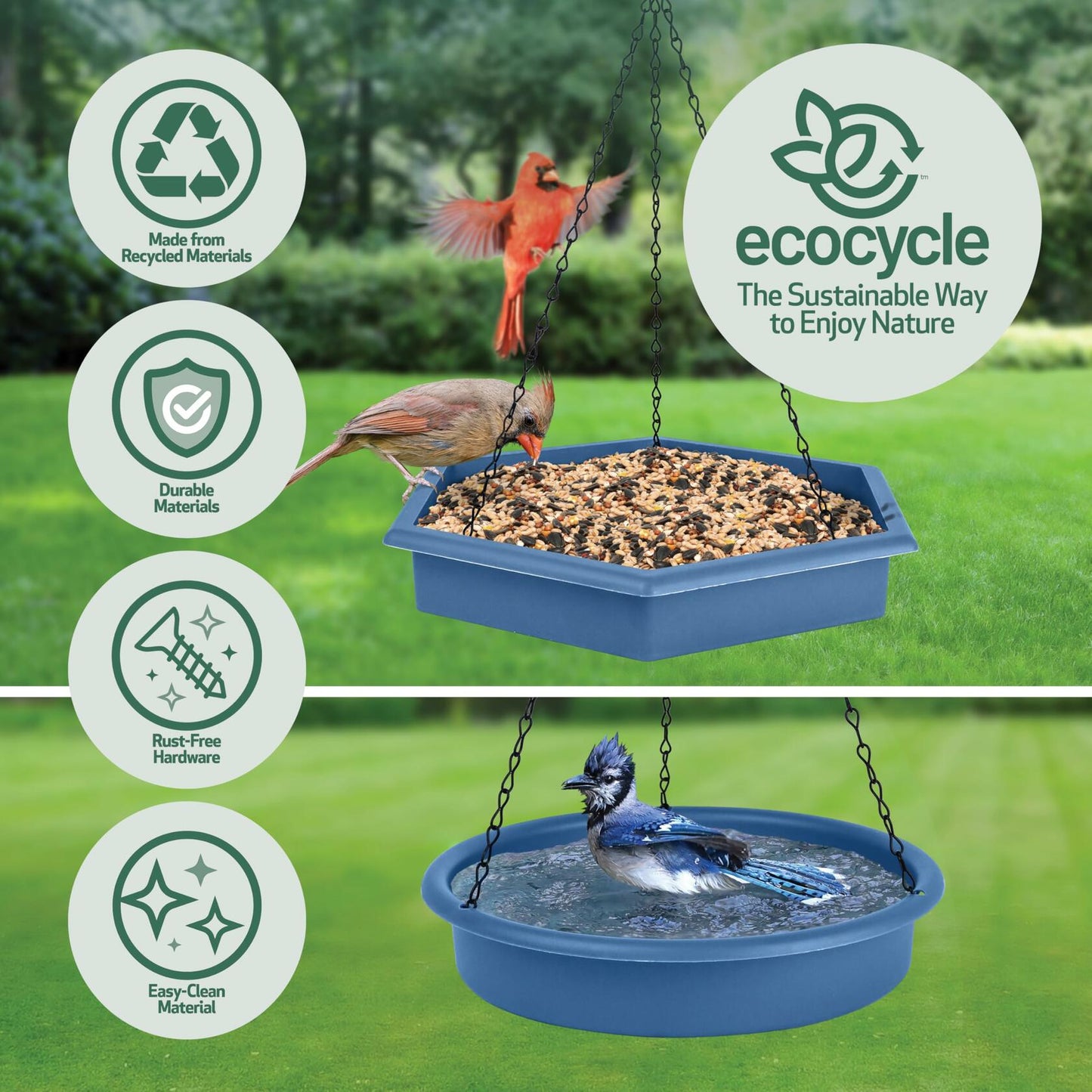 Natures Way RPFT4 EcoCycle Combo Cafe 2in1 Bird Feeder&Bird Bath Blue Case of4