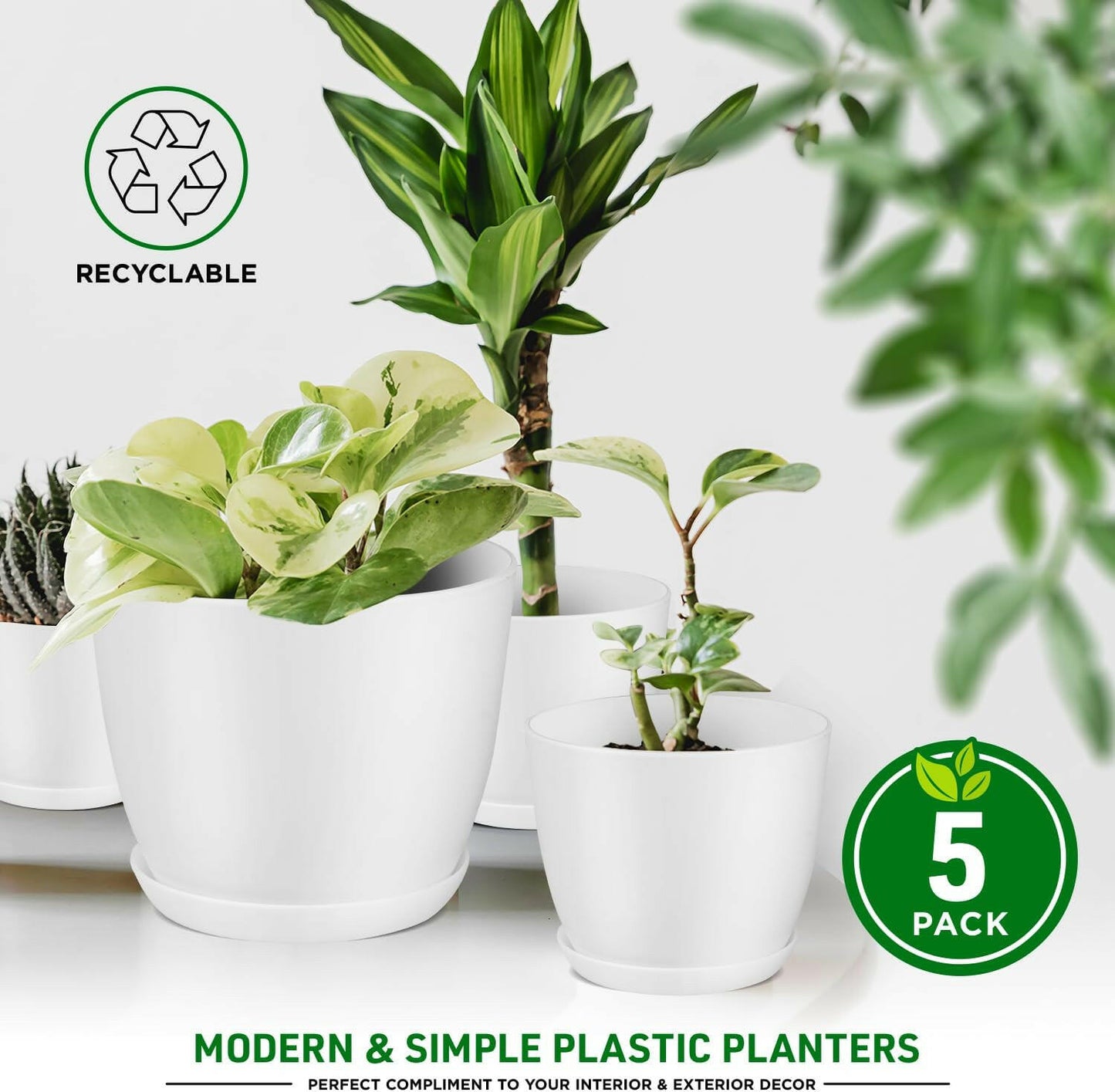 Lifemaster Eco Friendly Plant Pot Set 5-Pack White Plastic Indoor Outdoor
