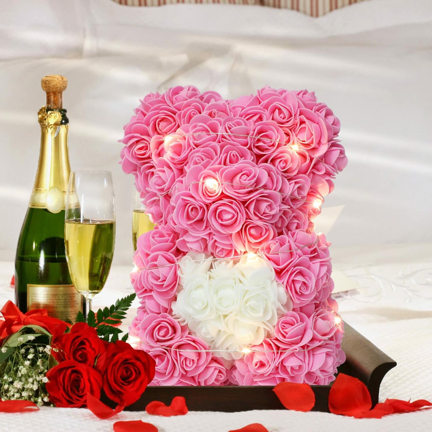 Rose Bear Pink 10in Rose Flower Bear Over 250 Flowers Clear Gift Box