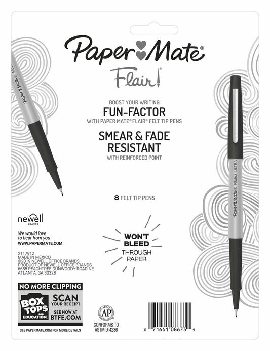 Paper Mate Flair Felt Tip Pens Ultra Fine 0.4mm Assorted Colors 8 Count