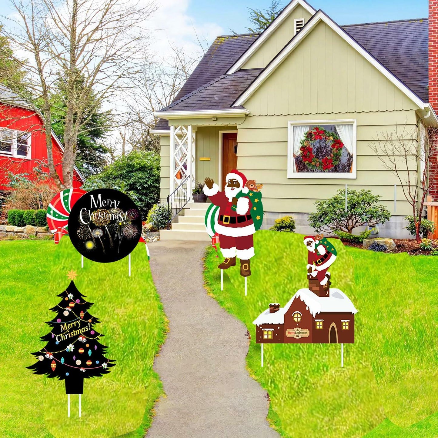 Christmas Yard Stakes Black Christmas Tree Santa Claus Outdoor Lawn Decor