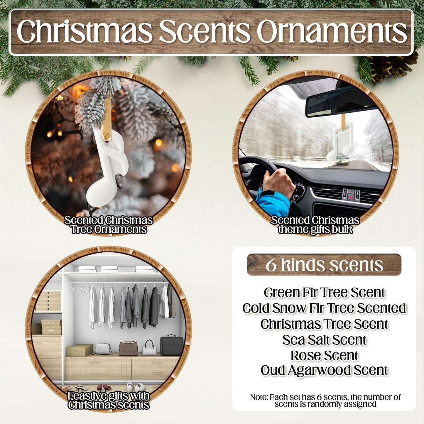 Heigble 6 Sets White Music Note Christmas Tree Hanging Scented Ornaments