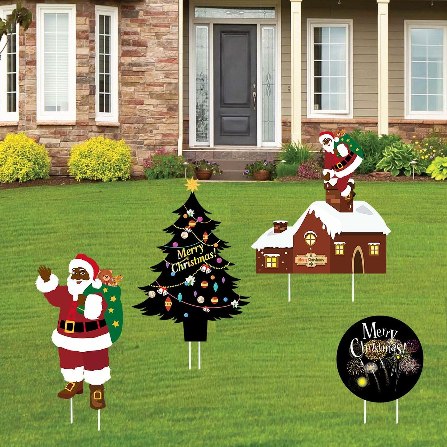 Christmas Yard Stakes Black Christmas Tree Santa Claus Outdoor Lawn Decor