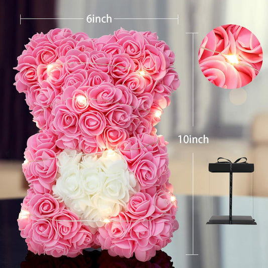 Rose Bear Pink 10in Rose Flower Bear Over 250 Flowers Clear Gift Box