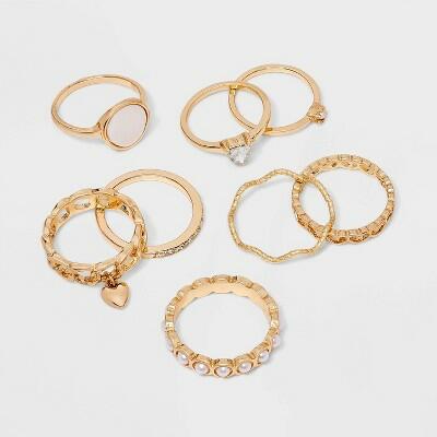 Wild Fable Gold Hearts and Pearls Ring Set 8pc Zinc Material
