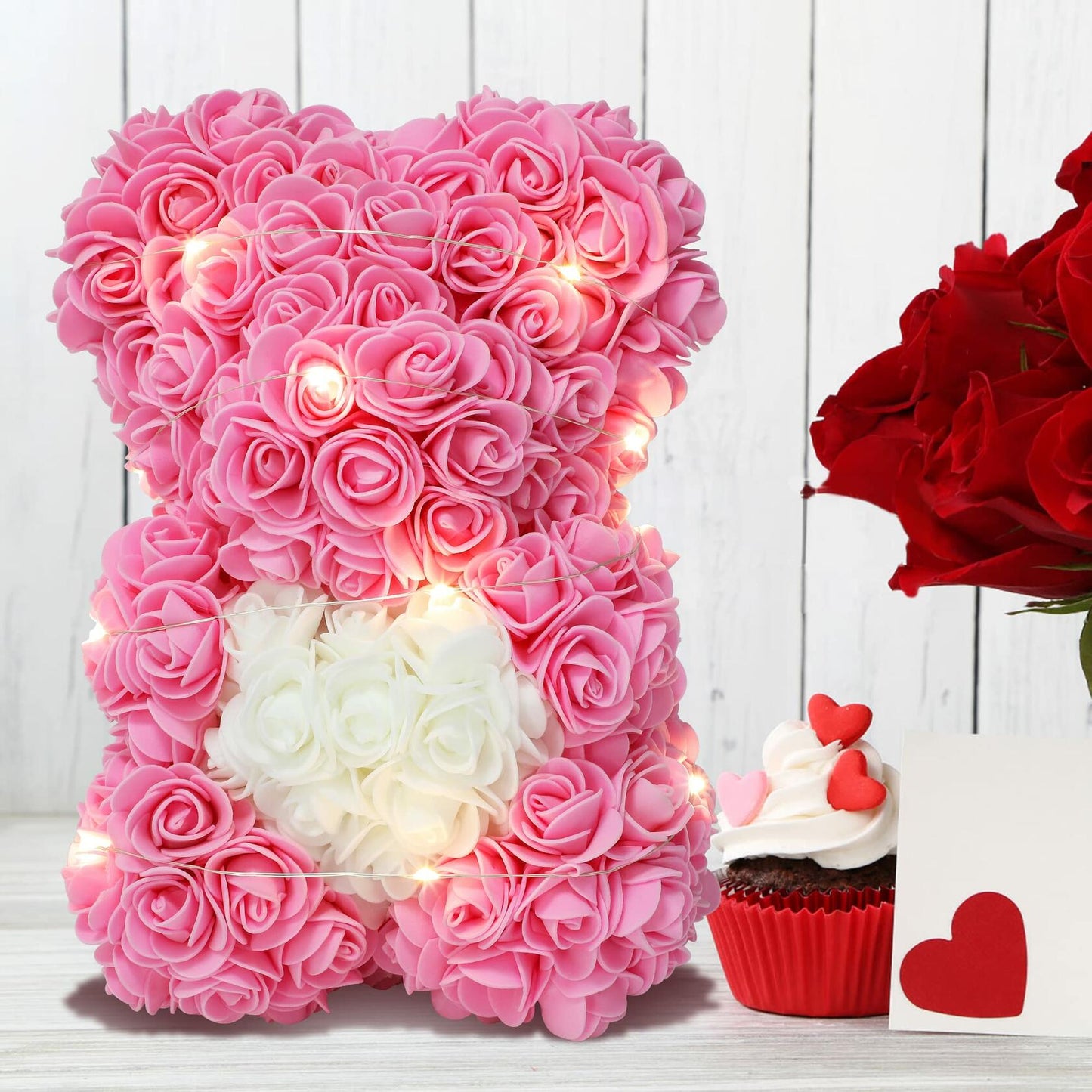 Rose Bear Pink 10in Rose Flower Bear Over 250 Flowers Clear Gift Box
