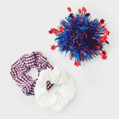 Americana Plaid and Tinsel Hair Twister Set 3pc Red White Blue Multicolor