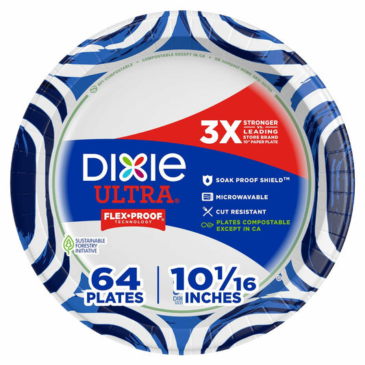 Dixie Ultra Large Paper Plates 10 Inch 64 Count White Indigo Expressive Loops