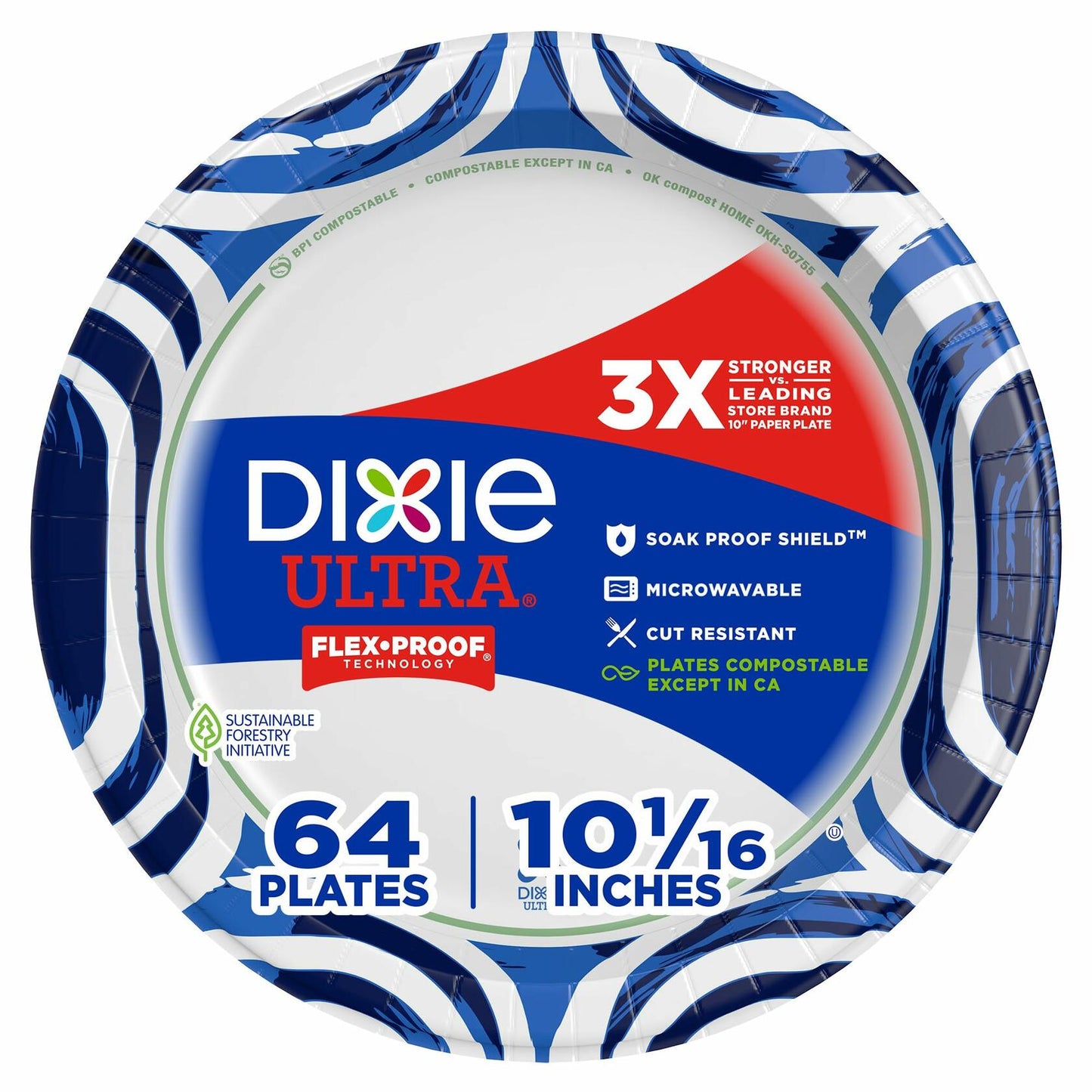 Dixie Ultra Large Paper Plates 10 Inch 64 Count White Indigo Expressive Loops