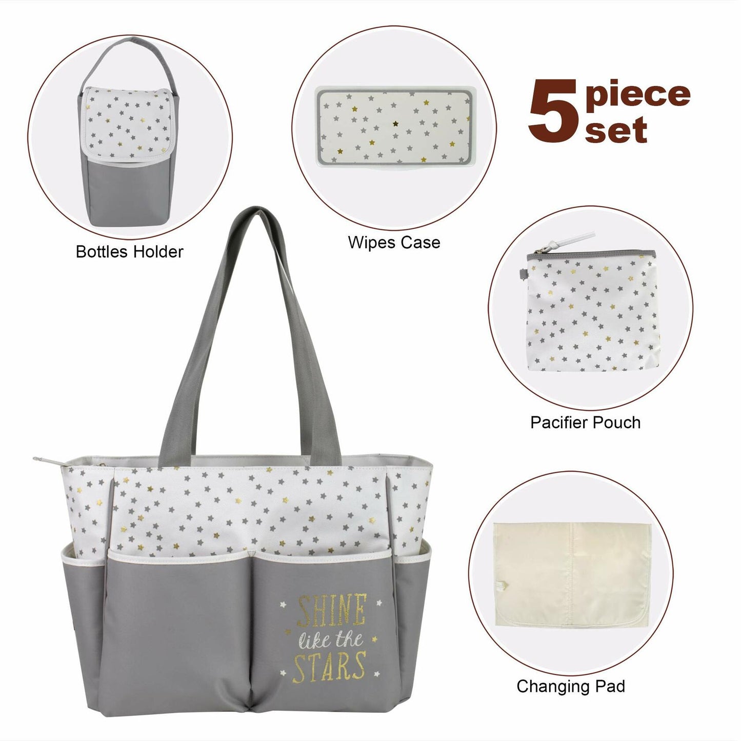 Baby Essentials Diaper Bag Tote 5PC Set Grey Cream Sun Moon Stars